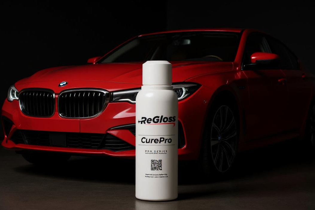 Red BMW car with a bottle of ReGloss CurePro on a dark background