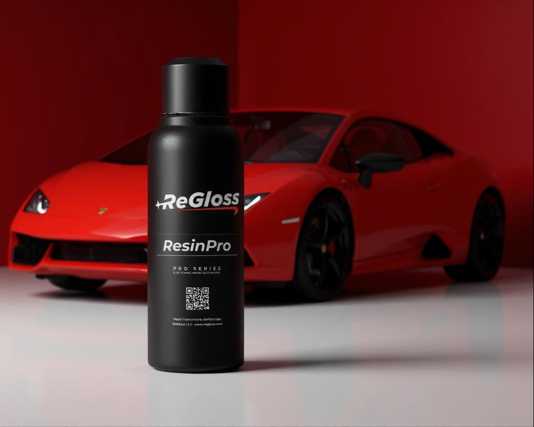 ResinPro bottle in front of a red sports car on a gray surface with a red background